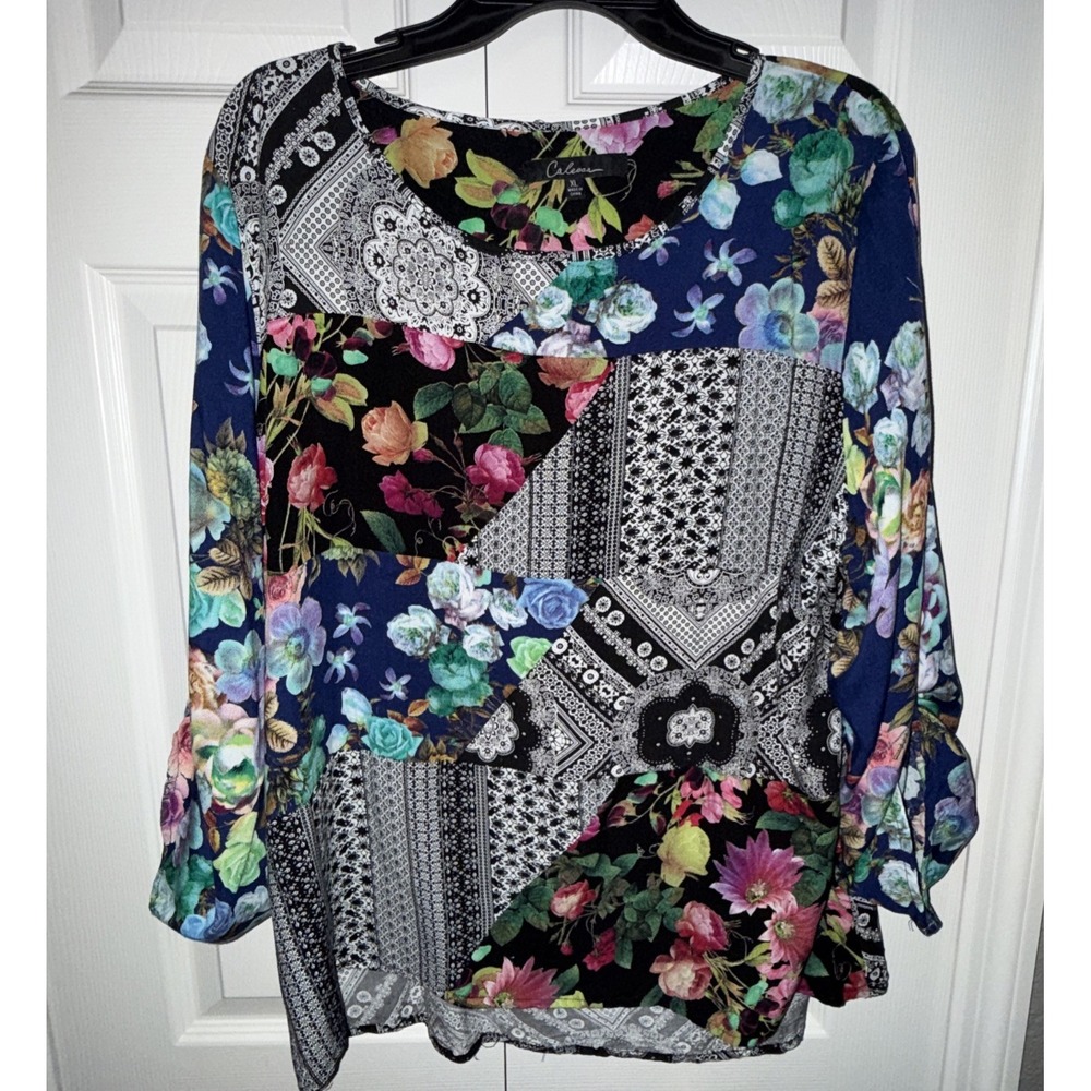 Calessa Mixed Print 3/4 Sleeve Blouse Top Floral Women's XL Artsy High Low